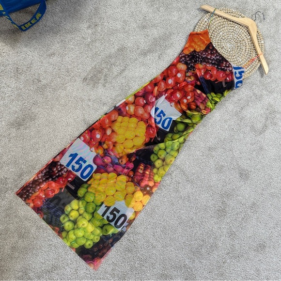 Zara Ruched Mesh Maxi Dress Strappy Sleeveless Fruit Stand Print Colorful Size S - Picture 4 of 14